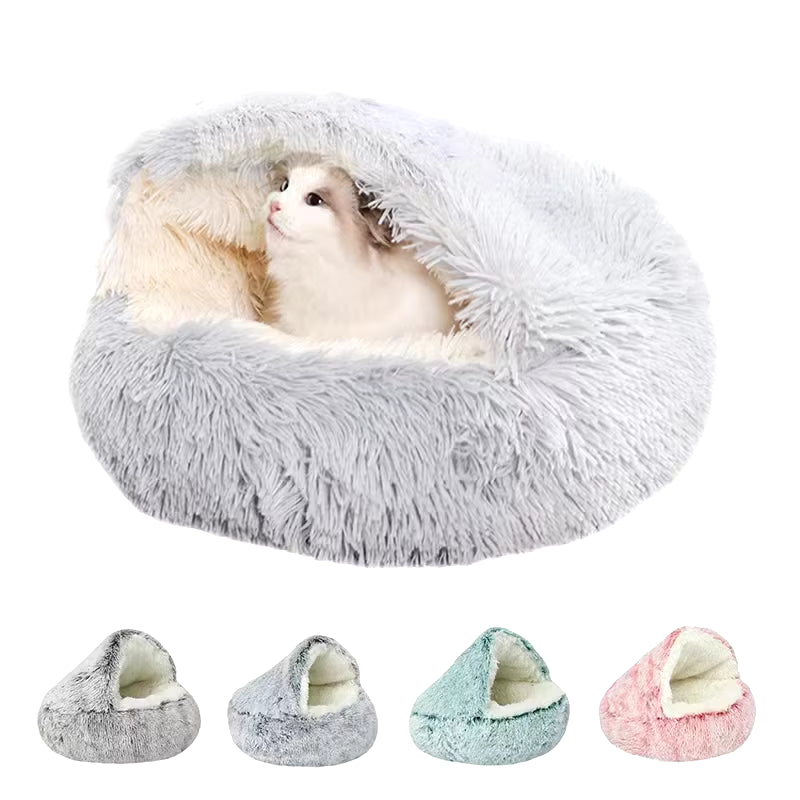 Winter Long Plush Pet Cat Bed round Cat Cushion House Warm Cat Basket Cat Sleep Bag Cat Nest Kennel 2 in 1 for Small Dog Cat