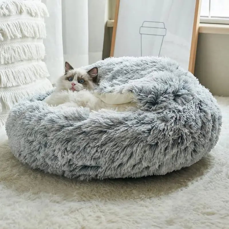 Winter Long Plush Pet Cat Bed round Cat Cushion House Warm Cat Basket Cat Sleep Bag Cat Nest Kennel 2 in 1 for Small Dog Cat